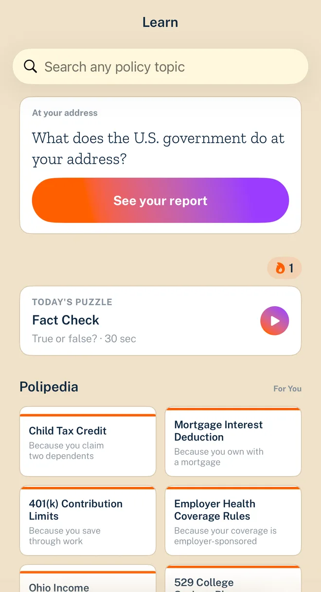 PRIA app — Learn screen