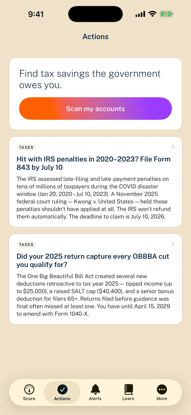 PRIA app — Actions screen