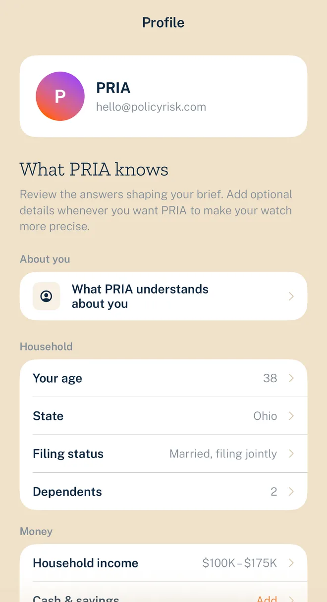 PRIA app — Profile screen