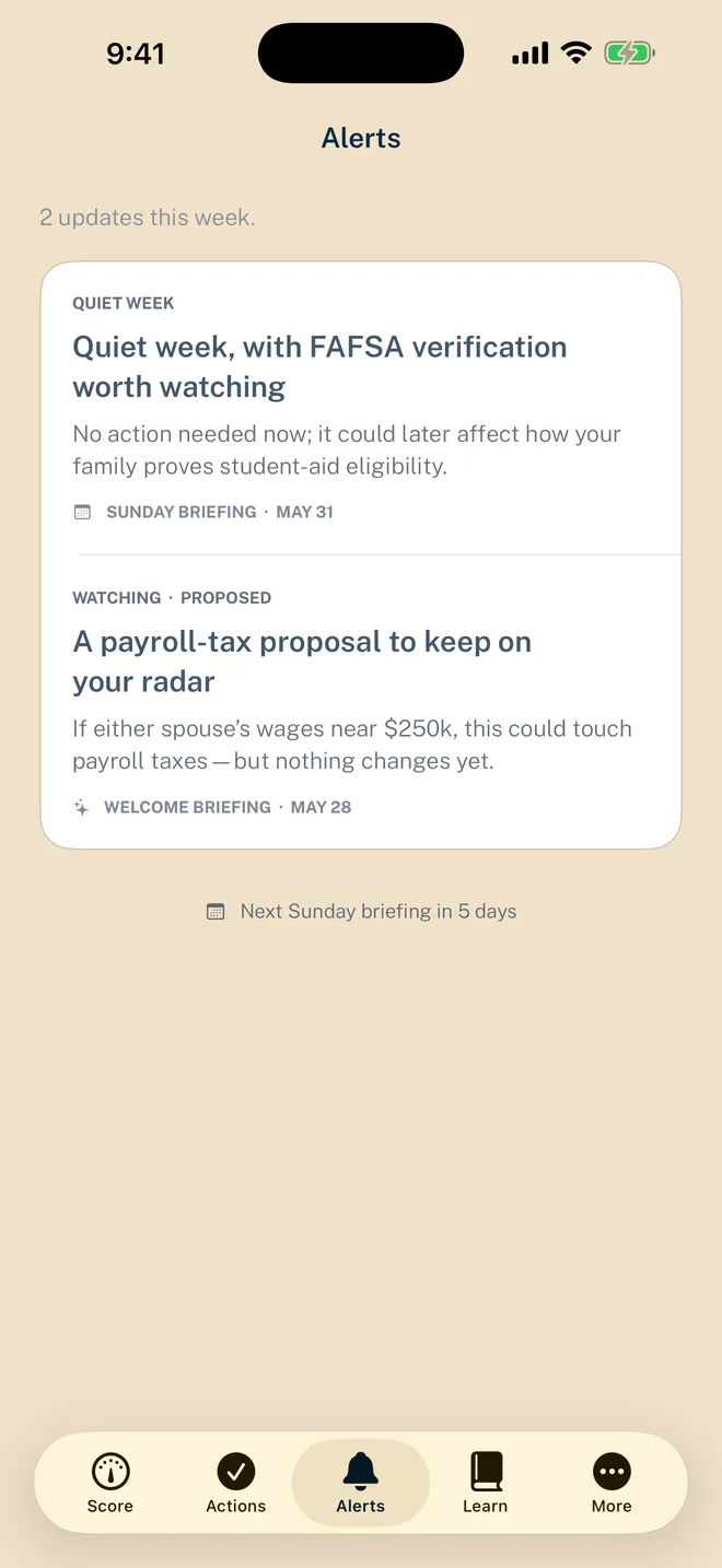 PRIA app — Alerts screen