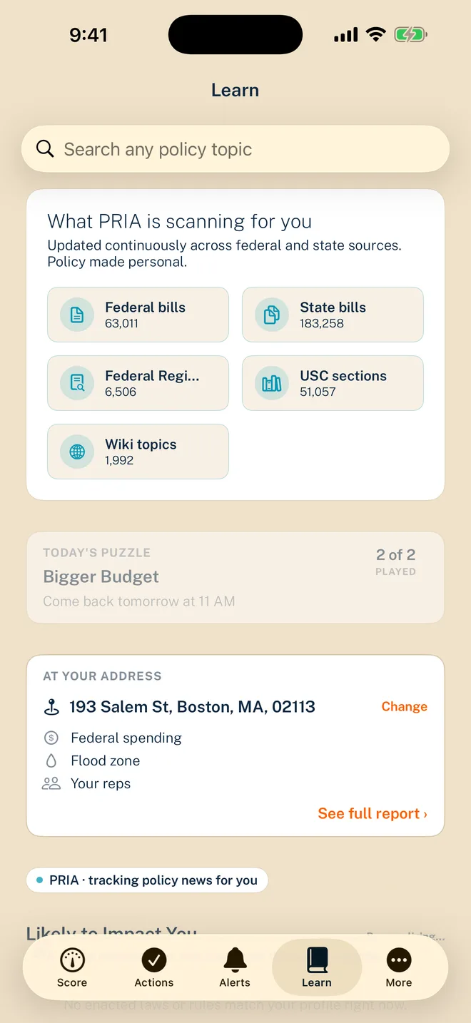 PRIA app — Learn screen