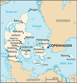 Regional map of Denmark, except Greenland