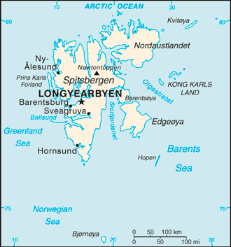 Regional map of Svalbard (sometimes referred to as Spitsbergen, the largest island in the archipelago)