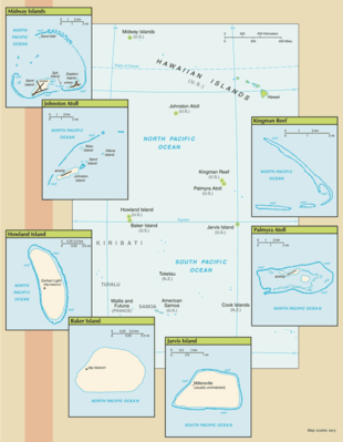 Regional map of Baker Island, Howland Island, Jarvis Island, Johnston Atoll, Kingman Reef, Midway Islands, Palmyra Atoll